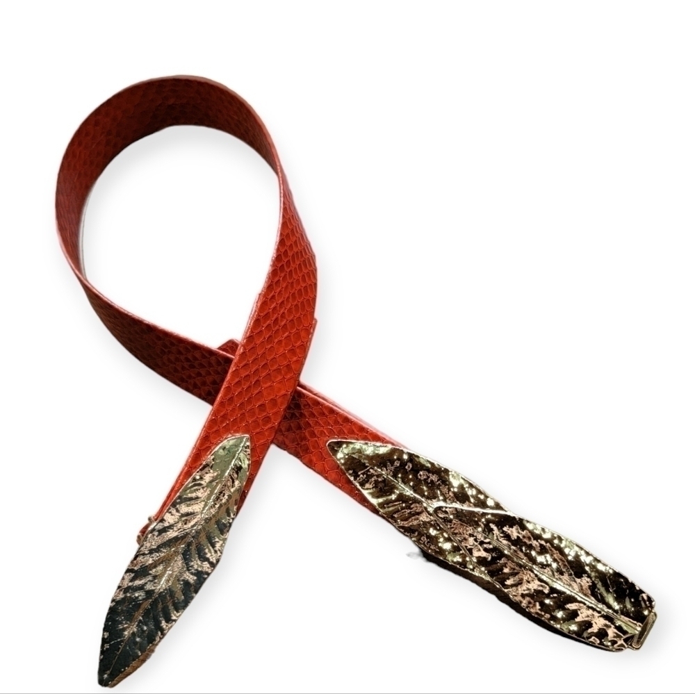 Vintage Red Faux Snakeskin Belt with Gold Tone Metal Leaves
